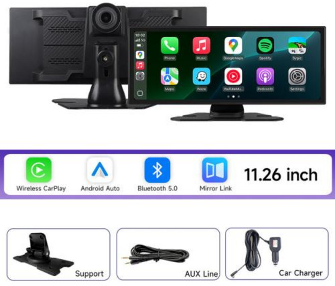 카플레이 모니터 네비게이션 블랙박스 4K DVR 11.26인치 범용 카 라디오 멀티미디어 무선 안드로이드 오토 미러링 음악 내비게이션 플레이어 듀얼 카메라 탑재, 1)H818D