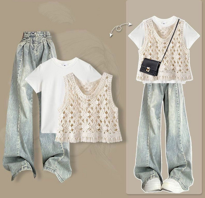여성3종세트 / 여름 조끼 + 반팔티 + 데님바지 / 여성바지 / 반팔 블라우스 / ZBW5486 69