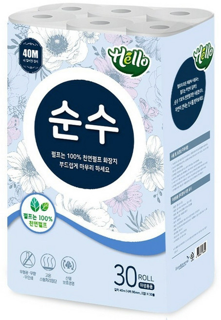 헬로 순수 천연펄프 2겹 롤화장지, 40m, 30개입, 1개