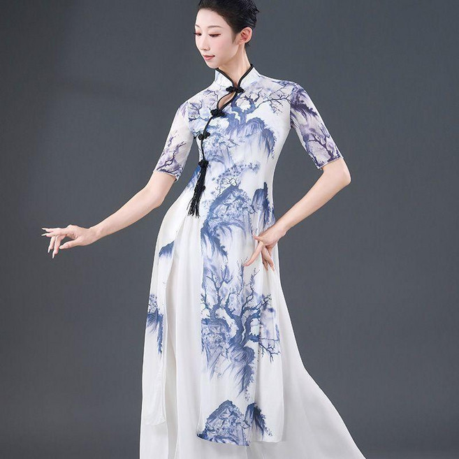 古典舞旗袍形體身韻紗衣練功服成人女舞蹈服演出服, 單件藍色旗袍紗衣,M 建議47.5-50.0公斤, 藍色旗袍紗衣