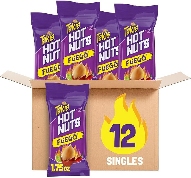 Takis Fuego 핫 너트 12개 49.6g(1.75온스) 밸류 사이즈 케이스 핫 칠리 페퍼 & 라임 맛 익스트림 스파이시 더블 크런치 피너츠, Takis Fuego 핫 너트 12개, 49.6g(1.