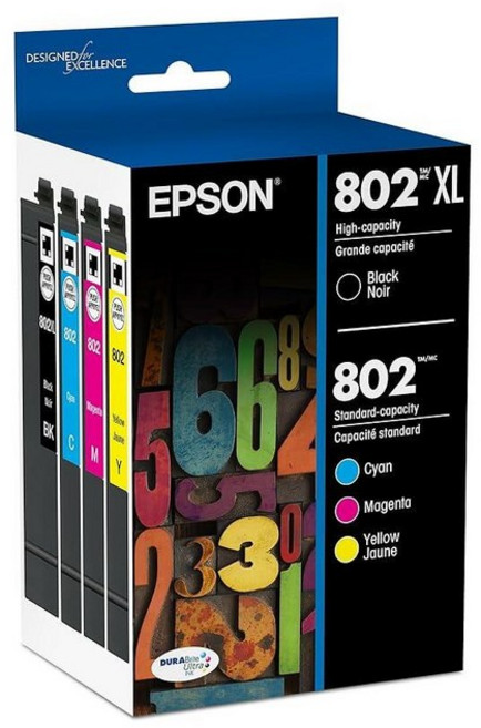 아마존평점4.5+ 미국출고 161800 EPSON 802 DURABrite 울트라 잉크 대용량 블랙 & 표준 컬러 카트리지 콤보 팩 (T802XL-BCS) WorkForce P, 블랙 및 컬러 콤보 팩