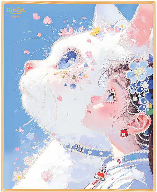 리노아 DIY 진주아트 캔버스 세트 아트토이 수공예 인테리어 그림 선물, 1개, 06소녀와 고양이