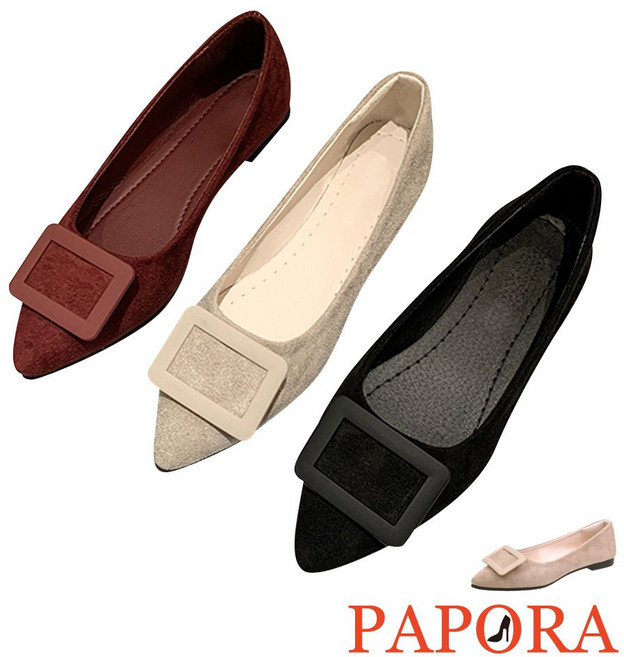 PAPORA 單鞋 方漆釦尖頭平底娃娃鞋, 黑,38