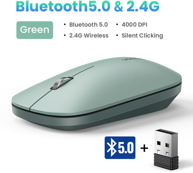 Ugreen 무선 마우스 4000 인치 당 점 맥북 프로 M1 M2 iPad 태블릿 컴퓨터 노트북 PC 2.4G 무선 마우스, 3) BT5.0  2.4G Green