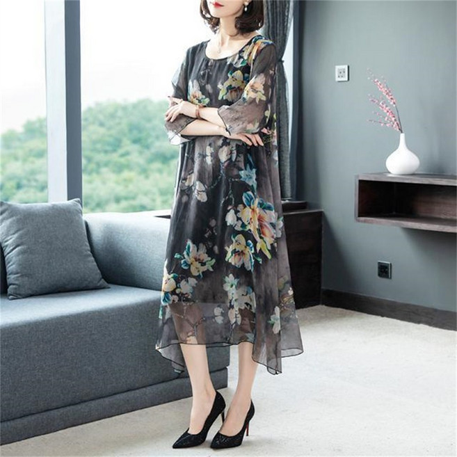 besteffie 여성 봄여름 꽃무늬 롱 쉬폰 드레스 세미 시스루 우아한 7부 소매 빅사이즈 데일리룩 여자 루즈핏 원피스 K78