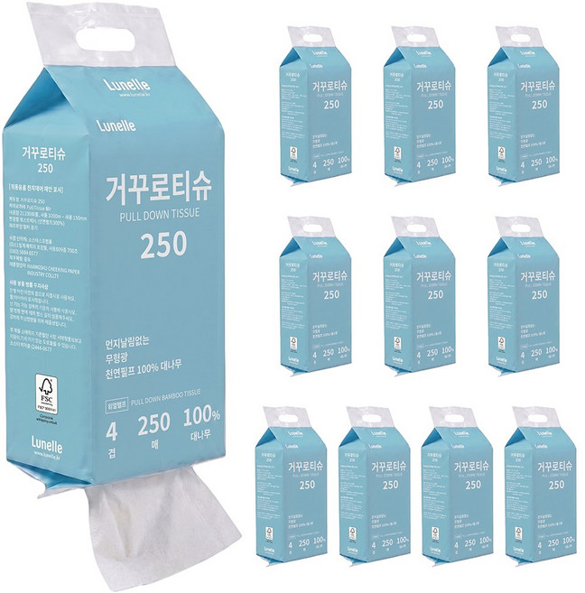루넬 거꾸로 티슈 4겹 도톰한 먼지없는 아래로 뽑아쓰는 벽걸이형 대나무 화장지, 10개, 250매입