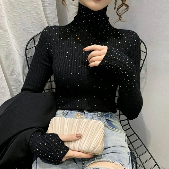 슬림소녀 여성 슬림 반폴라 비딩 신축성 있는 긴팔 니트 탑 순색의 스웨터 스트라이프 스타일