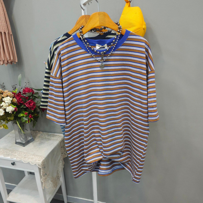 투투 여성용 오버핏 스트라이프 배색 라운드넥 면 반팔 티셔츠