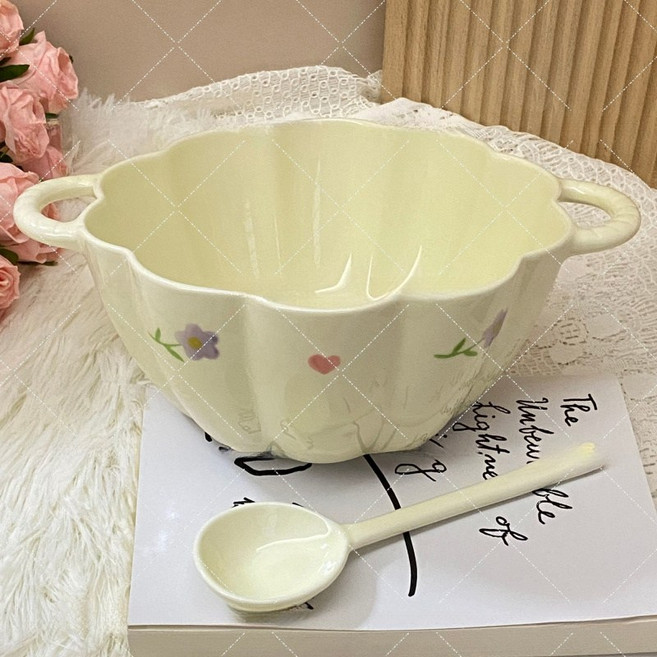 해피유통 양귀 도자기 그릇 가정용 식기 대용량 라면 그릇jhljq, 양쪽 귀볼, 큰 그릇+숟가락, 1개