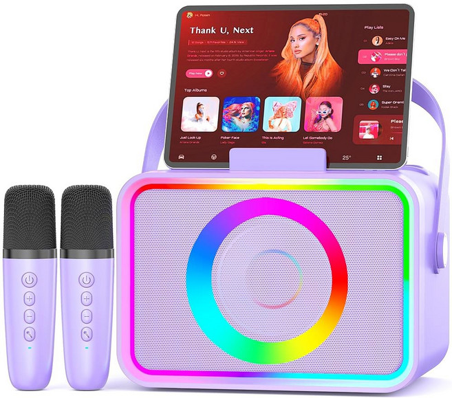 노래방 기계 성인용 및 무선 마이크 2개와 LED 조명이 있는 휴대용 블루투스 스피커 PA 시스템이 있는 노래방 마이크 USB /TF /AUX 파티용 선물 노란색 지원, Purple