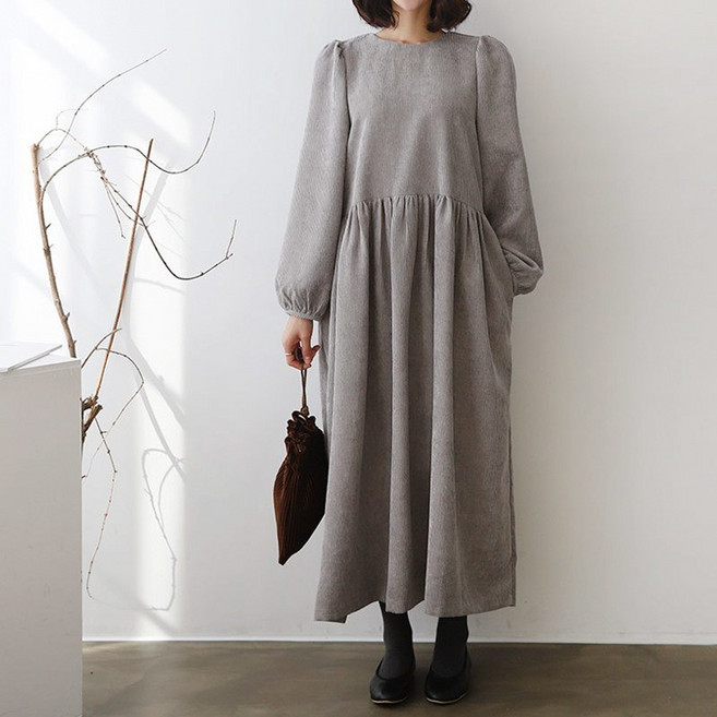 eyedoll 골덴 퍼프소매 허리절개 맥시 롱원피스 임부복가능