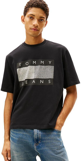 타미진스 Tommy Jeans 남성용 반소매 단색 면 그래픽 티셔츠 디스트레스드 깃발 로고 블랙 M