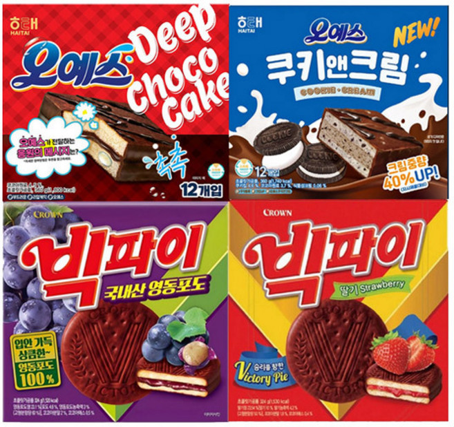 해태 오예스 360g+쿠키앤크림 360g+크라운 빅파이 영동포도 324g+딸기 324g(총4개)