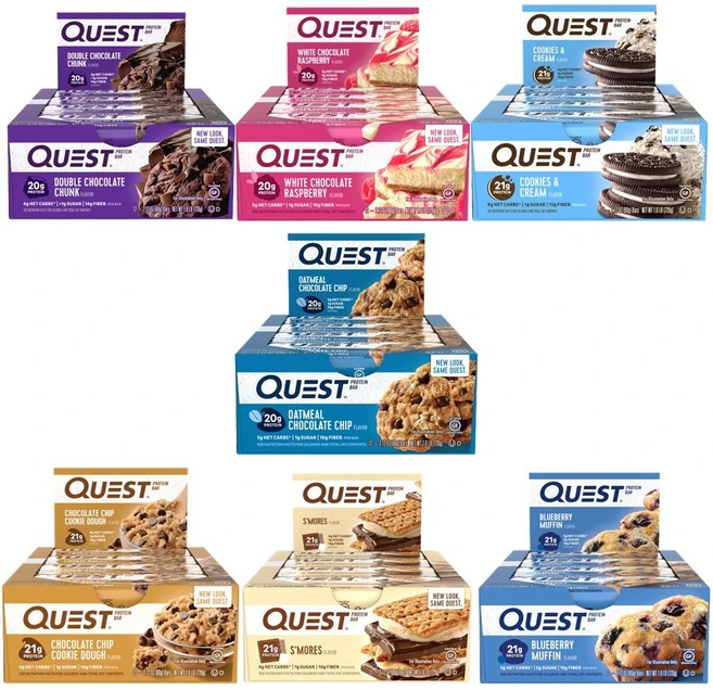 퀘스트뉴트리션 단백질 프로틴바 12개입 7종 모음 초콜릿청크 라즈베리 쿠키앤칩 스모어, 오트밀초콜릿칩, 720g, 1개 - 쿠팡