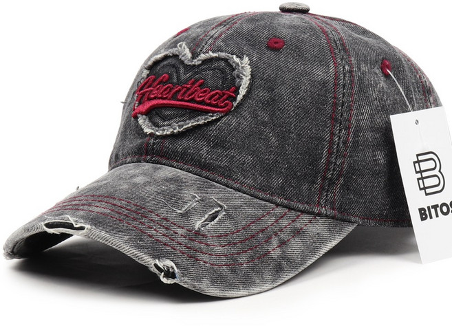비토스 빈티지워싱 데님 Heartbeat 자수 볼캡 청지모자 야구모자 커플모자 데일리모자