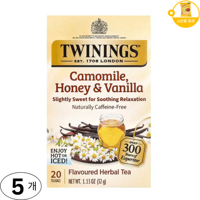 Twinings 허브차 카모마일 꿀 & 바닐라 디카페인 20티백 사은품 추가증정, 5개, 20개입, 2g