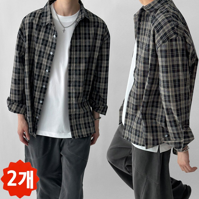 1+1/두장묶음 빠델 선셋 사계절 커플 가을 봄 남녀공용 체크 남방 오버핏 셔츠