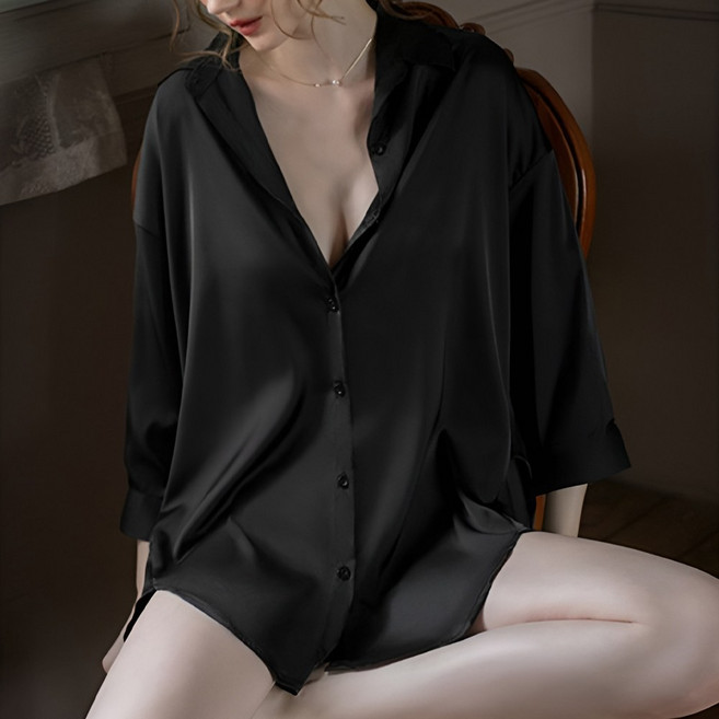 라뷰드 오버핏 실키 슬립 남친 셔츠 루즈핏 긴팔 남방 빅사이즈 원피스 블라우스 부드러운 흰색 거즈 여성 상의 잠옷 란제리 일상룩