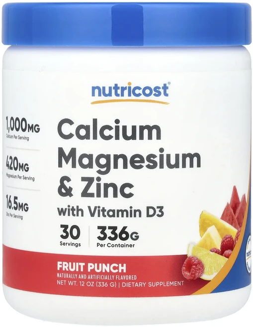 Nutricost 칼슘 마그네슘 및 아연 함유 비타민D3 과일 펀치 336g(12oz), Nutricost칼슘마그네슘및아연함유비타민D3과일펀치3, 336g, 1개 - 쿠팡
