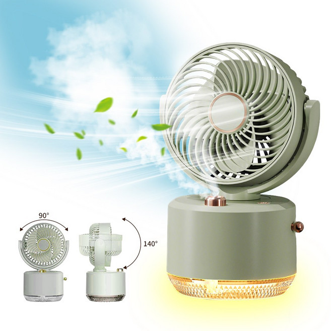 CCAGU 무선 탁상용 선풍기+사무용 미니 가습기 일체형 미니 저소음 무드등 냉풍기, 그린