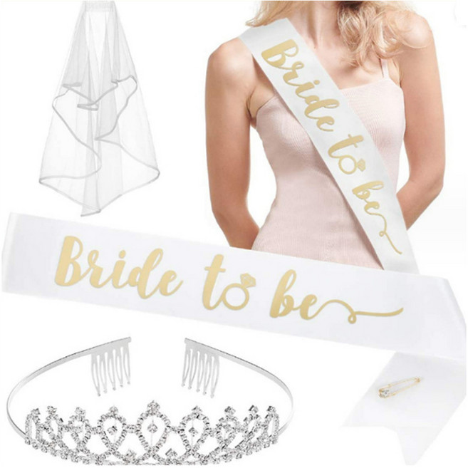 파티굿즈 브라이덜샤워 면사포 왕관 미스코리아띠 액세서리 세트 결혼 셀프웨딩