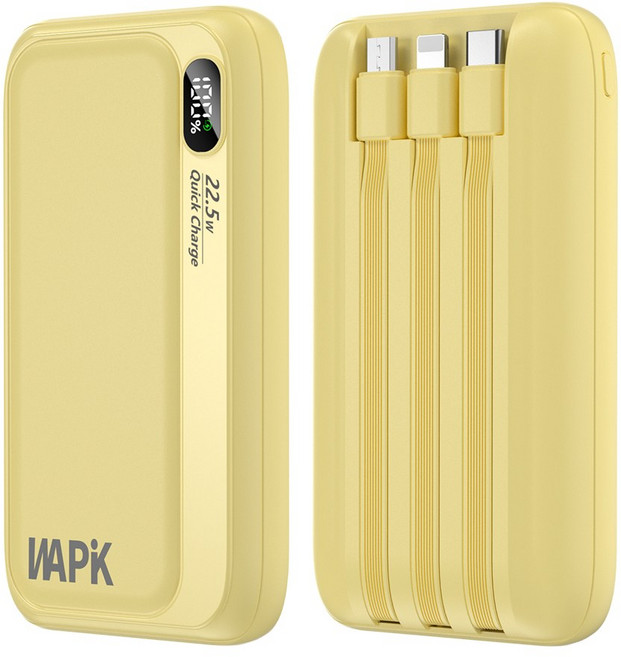 와피크 PD 22.5W 고속충전 일체형 보조배터리 M1 10000mAh 파워뱅크, 옐로우
