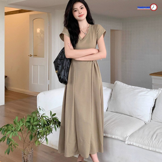 여성 여름 V넥 허리조임 루즈핏 반팔 롱 원피스 솔리드 편안 데일리 베이직 캐쥬얼 시원한 드레스 빅사이즈 임부복