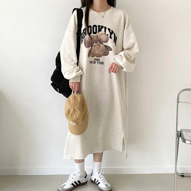 [제이무드] 빅사이즈 66~99사이즈 가을 오버핏 긴팔 롱 원피스 맨투맨 티셔츠 여성 기모