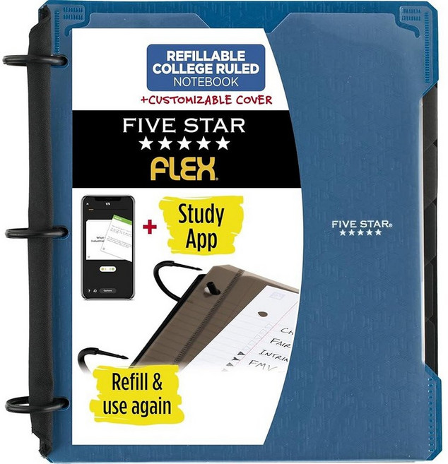Five Star Flex 리필 가능한 노트 + 스터디 앱 맞춤형 커버가 있는 2.5cm(1인치) 바인더 대학 유선 노트 및 링 바인더 3개 하이브리드 노트 바인더 20, 퍼시픽 블루