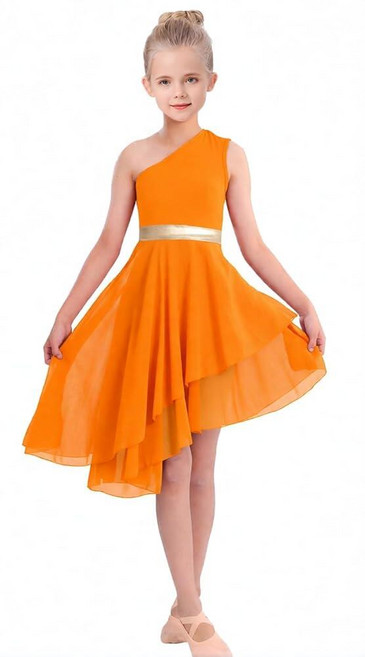 ORIDOOR Oblique Shoulder Praise Dance Costume for Girls Metal Irregular Worship Ceremony Lyrical, 9~10세, 02-오렌지