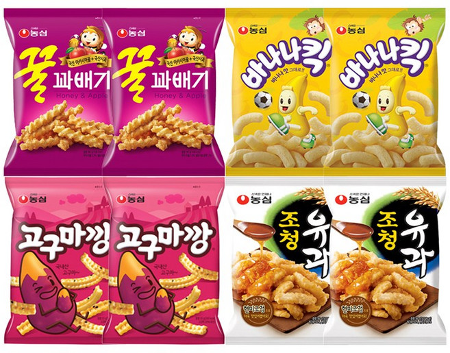 [조한스토어] 농심 꿀꽈배기 + 바나나킥 + 고구마깡 + 조청유과 2개 묶음 세트 스낵 모음 봉지과자, 8개, 75g
