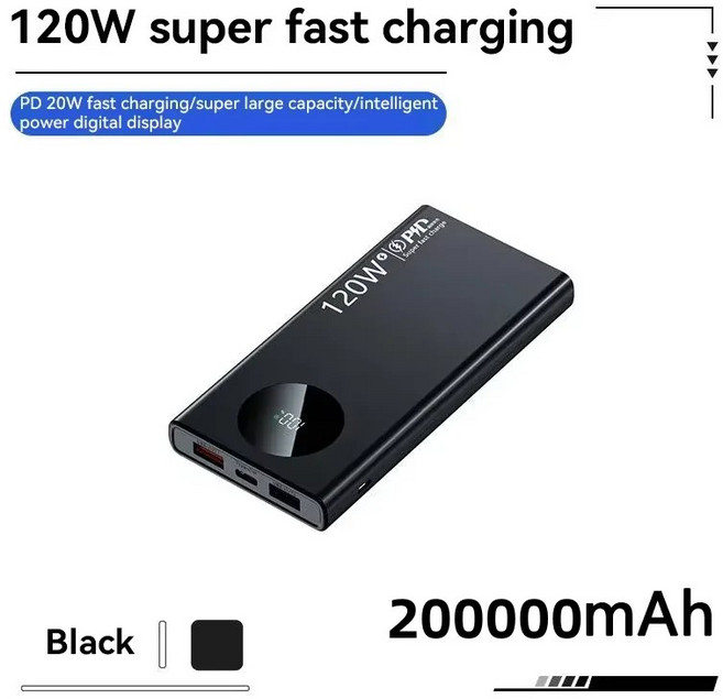 500000mAh 보조베터리 120W 초고속 충전 대용량 디지털 디스플레이 아이폰 삼성 용 휴대용 배터리 충전기, 2)Black 200000mAh