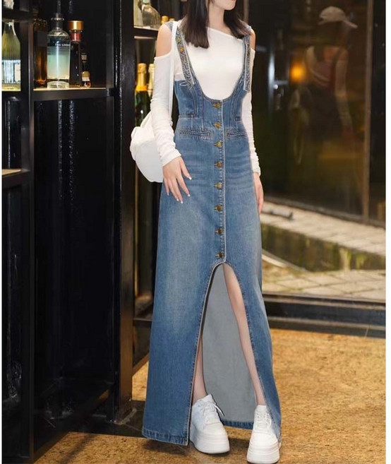 빈티지 여성 데님 멜빵 원피스 조절 가능 멜빵 원피스 청원피스 캐주얼 여자 민소매 원피스 LQZ