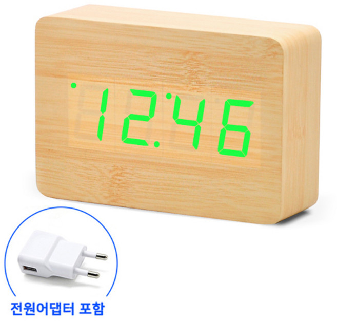 슬림 우드 LED 무소음 탁상시계 전원어댑터 포함 우드시계 알람시계, 옐로우우드_그린LED