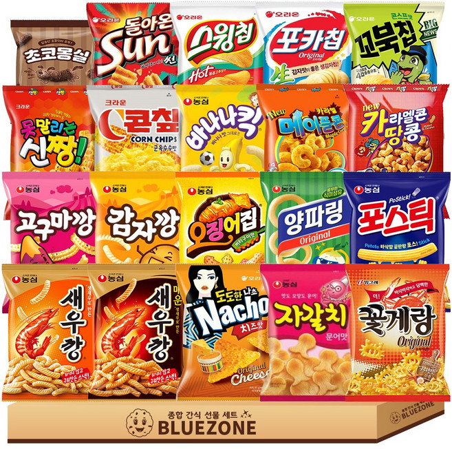 정량 인기스낵 A세트 새우깡 매운새우깡 감깡 고깡 자갈치 포스틱 오징어집 바나나킥 양파링 나초 포카칩 스윙칩 썬칩 꼬북칩 꽃게랑 콘칲 신짱 카라멜땅콩 카라멜메이플 몽실, 1개