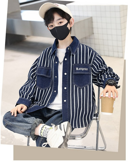 AC2469 남아 키즈 주니어 초등학생 고퀄 봄 가을 긴팔 데님 청 스트라이프 포켓 자켓 재킷 바람막이 점퍼 아우터 캐주얼 데일리 아동복