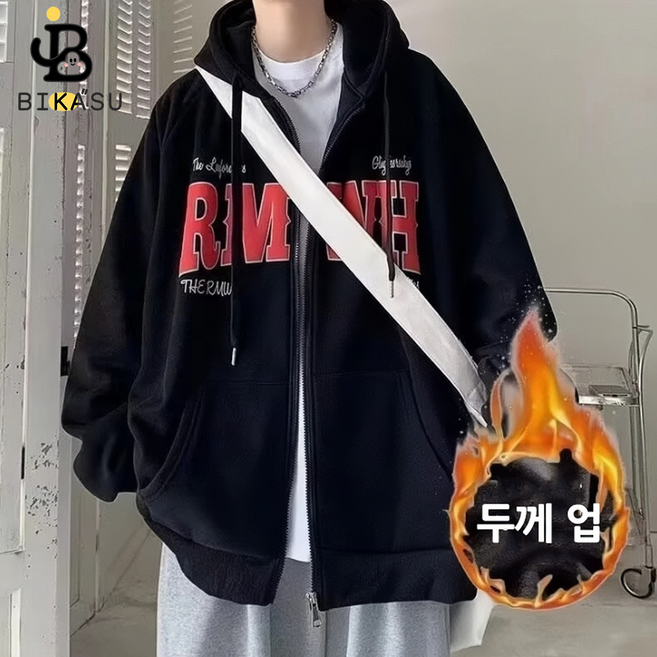BIKASU 남성 가을 겨울 기모 후드티 빅사이즈 패션 오버핏 데일리 집업 캐주얼 두꺼운 아우터