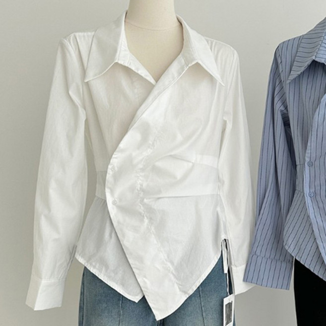 유니온 여성 언밸런스한 숏탑 허리끈 스타일리쉬 셔츠 블라우스