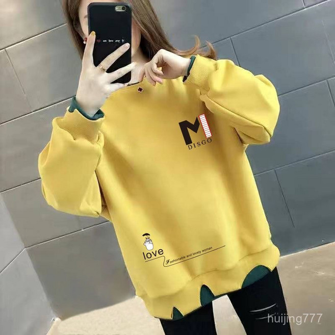 FANSYLI 기본 맨투맨 패션 라운드 가짜 두 벌 긴팔 티셔츠 불규칙 밑단 자모 프린트 상의 여성 봄 가을 헐렁헐렁 캐주얼 통근 상의 겨울 기모 맨투맨 X8A13