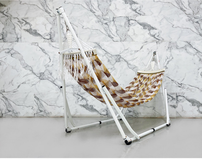 Metal Fun 摺疊吊床 戶外休閒露營便攜, 白色支架+黃咖啡吊網, 白色