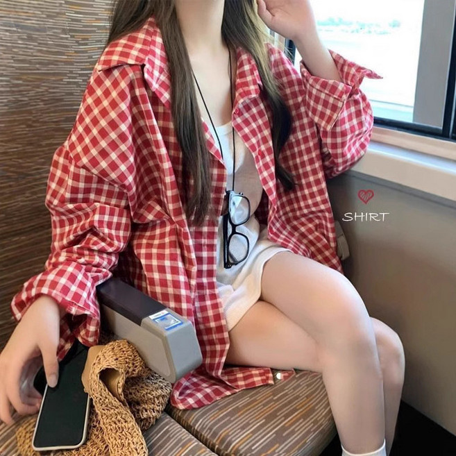 韓版Chic紅色格子襯衫女長袖襯衣休閒開衫上衣