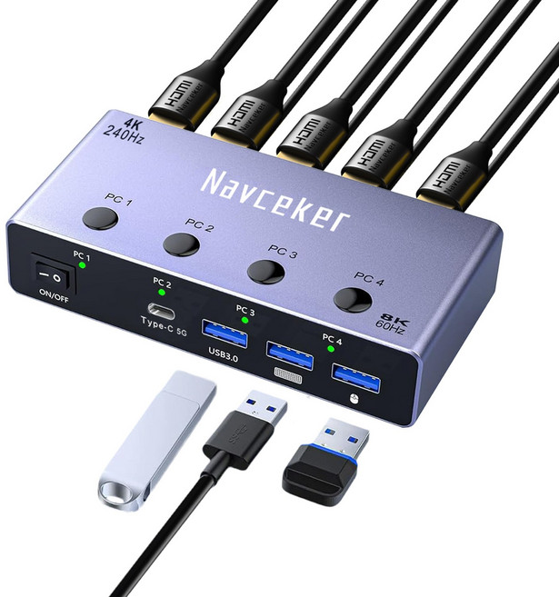 Navceker 4K 240Hz 4X1 HDMI KVM 스위처 4포트 8K USB HDMI KVM 4 PC 스위치 144Hz 도킹 스테이션 1개 모니터 마우스 키보드 공유, ZY-SK408