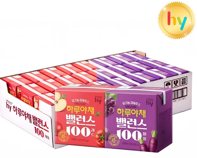 hy 하루야채 밸런스 100 유기농주스 140ml 2종(레드12+퍼플12) 총24팩, 24개