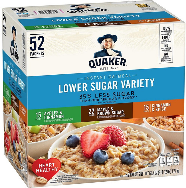 퀘이커 Quaker Lower Sugar Variety 로우슈가 인스턴트 오트밀 버라이어티팩 52개입 60.7oz(1.72kg), 1개, 1.72kg
