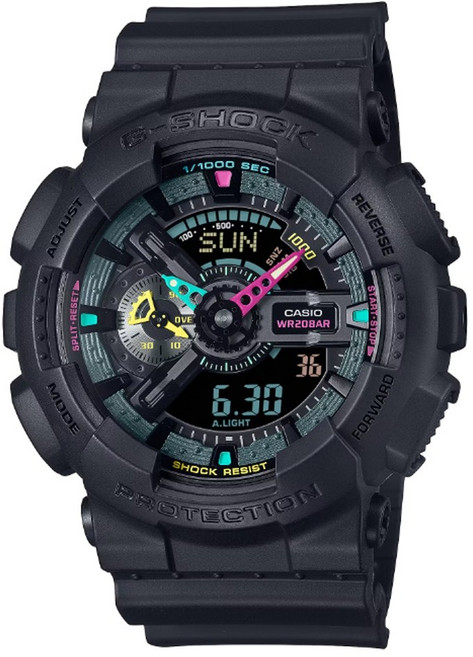 CASIO 卡西歐(GA-110MF-1A)G-SHOCK 酷炫霧面黑 螢光色點綴 大錶殼雙顯錶