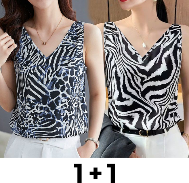 메인워크 1+1 여성 빅사이즈 나시 티셔츠 여름용 냉장고 민소매 루즈핏 아이스 레오파드 브이넥 스트라이프 베스트 나시 상의 2매입