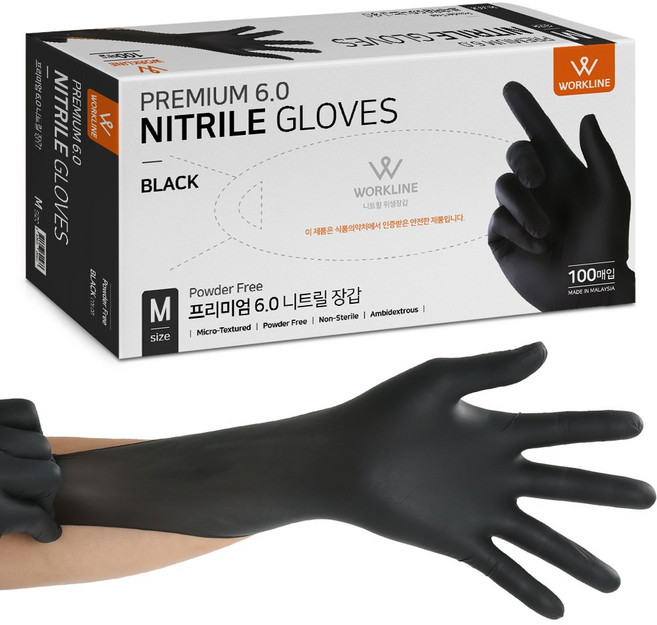 워크라인 프리미엄6.0 니트릴 장갑 100p, 블랙, M, 1개