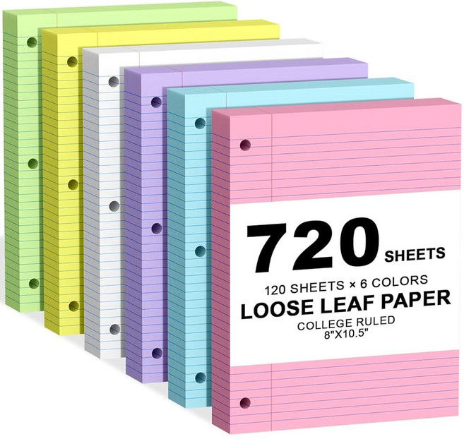 720 Sheets Loose Leaf Paper 8x10.5 College Ruled Notebook Paper for 3 Ring Binders Colored Note, Colored-720 Sheets