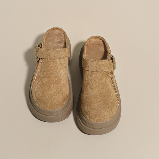 小碼33牛皮版厚底增高博肯鞋女兩穿休閒鞋一腳蹬包頭半拖鞋女外穿